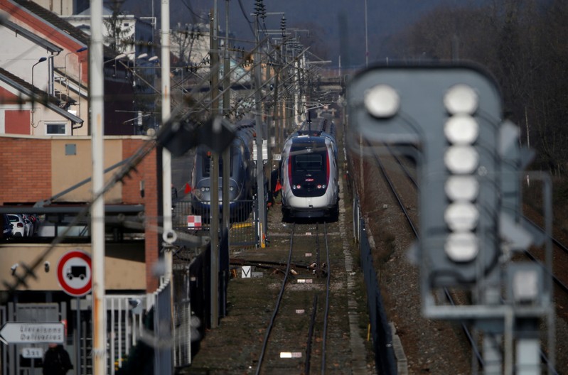 Trains are seen at the Alstom high-speed train TGV factory of the company in Belfort