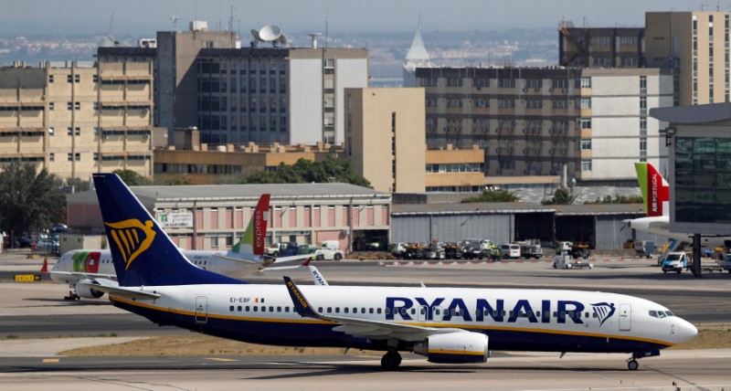 FILE PHOTO: A Ryanair Boeing 737 plane taxis at Lisbon's airport