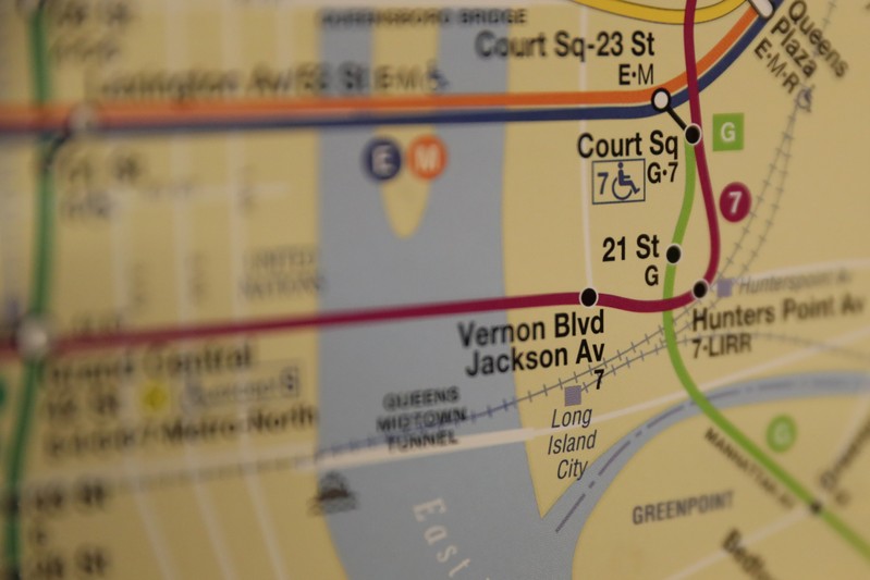The Long Island City name is seen on a subway map in the Long Island City section of the Queens