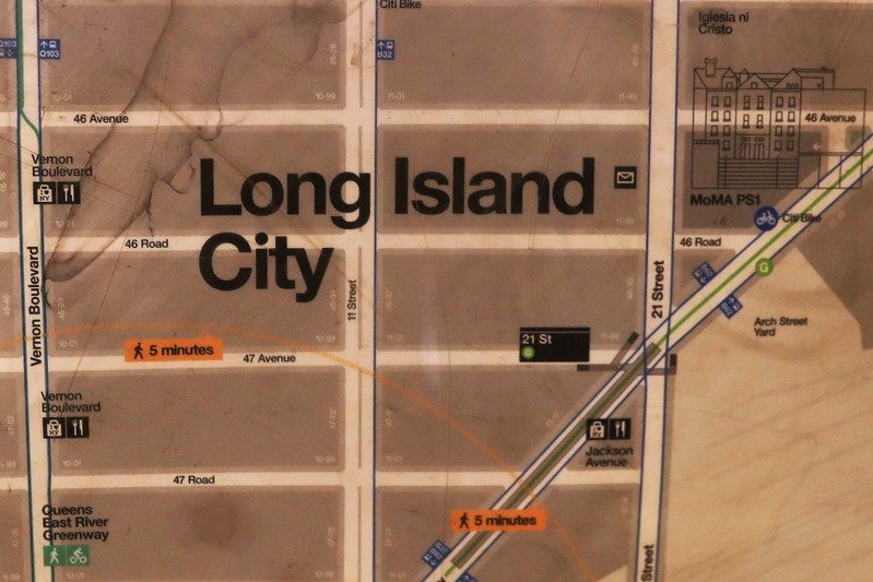 The Long Island City name is seen on a subway map in the Long Island City section of the Queens