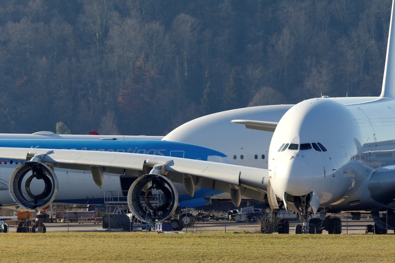 An A380 Airbus superjumbo sits on the tarmac where it is dismantled at the site of French