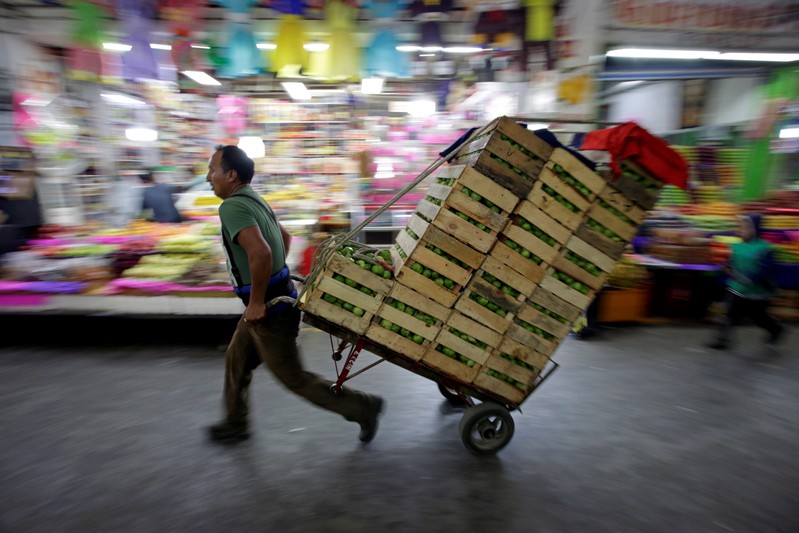 FILE PHOTO: A worker moves boxes with green tomatoes through the corridors of the wholesale