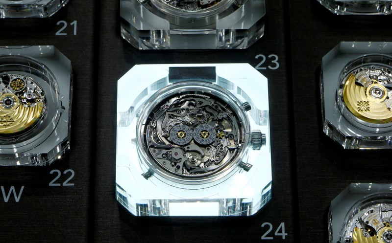 A watch movement of Swiss watch manufacturer Patek Philippe is seen on display at the