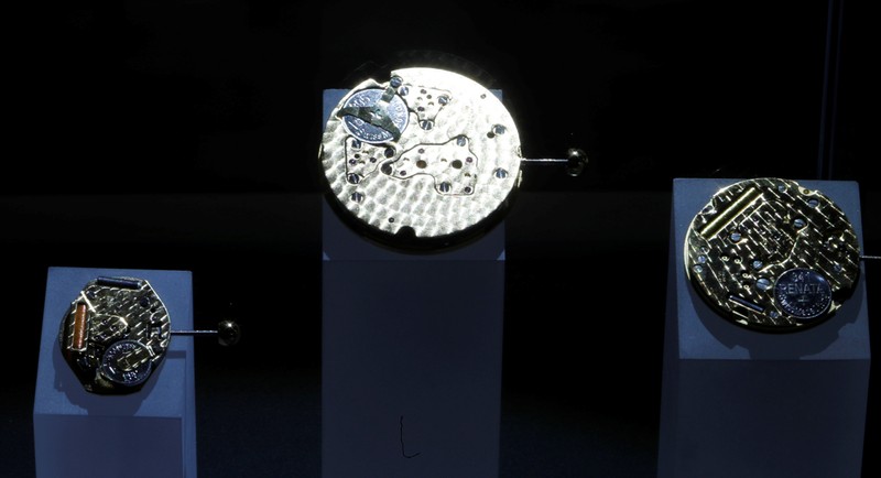 Various quartz watch movements of Swiss manufacturer Ronda are seen on display at the