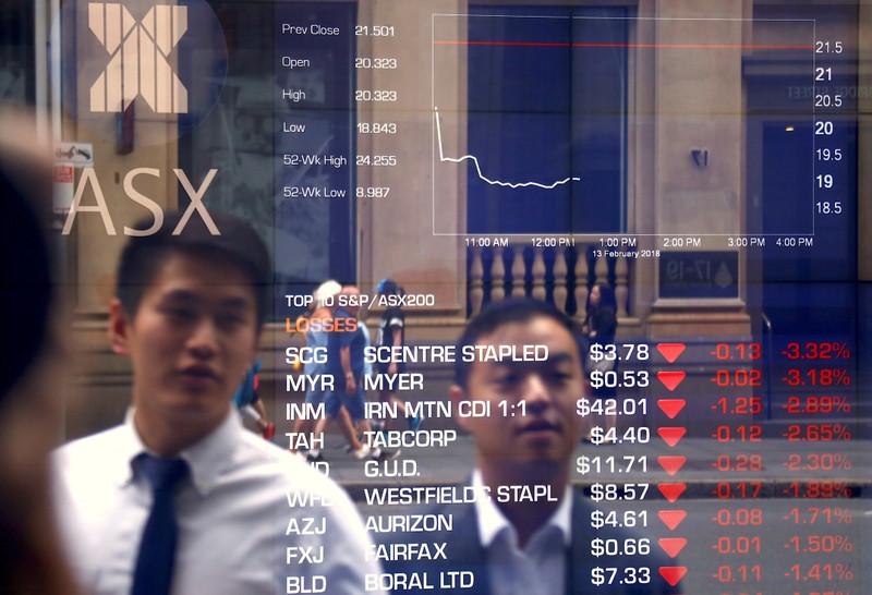 Pedestrians are reflected in a window displaying stock prices at the Australian Securities