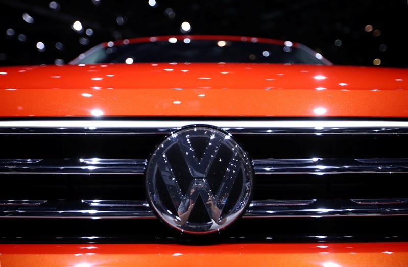 FILE PHOTO: A Volkswagen badge on a new model at the  Geneva International Motor Show