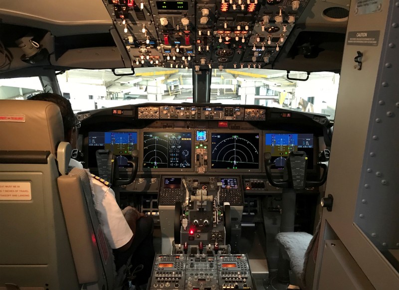 FILE PHOTO: The cockpit of Jet Airways Boeing 737 MAX 8 aircarft is pictured during its