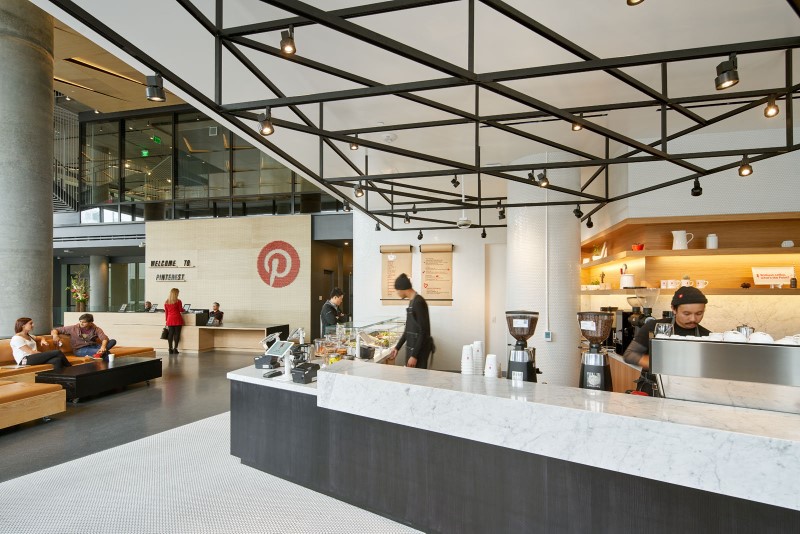 Pinterest headquarters lobby and Point Cafe at Pinterest headquarters in San Francisco