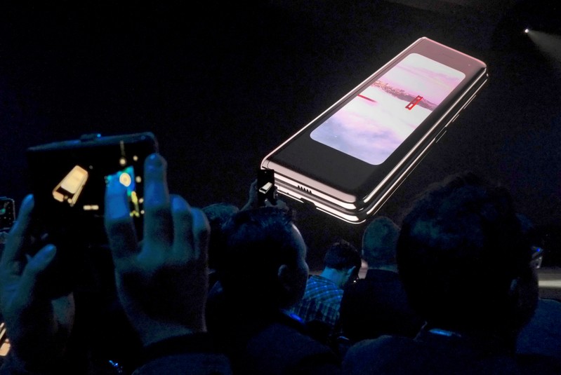 FILE PHOTO: The Samsung Galaxy Fold phone is shown on a screen at Samsung Electronics’