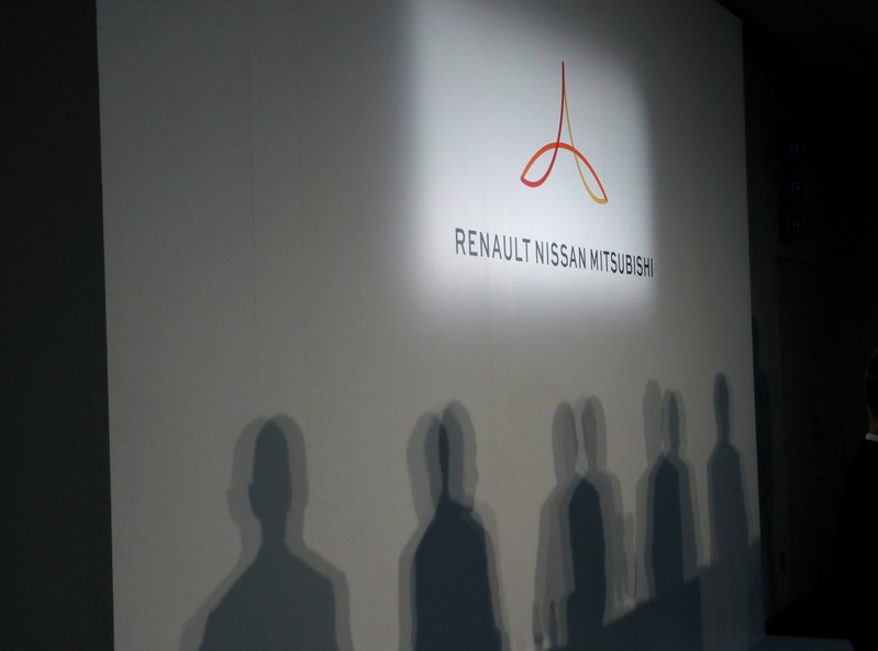 Renault CEO Thierry Bollore, Renault Chairman Jean-Dominique Senard, Nissan CEO Hiroto Saikawa,