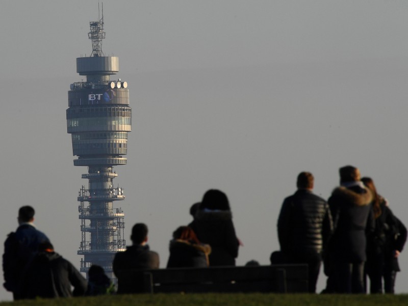 FILE PHOTO: The company logo for BT is seen on the BT Tower in London