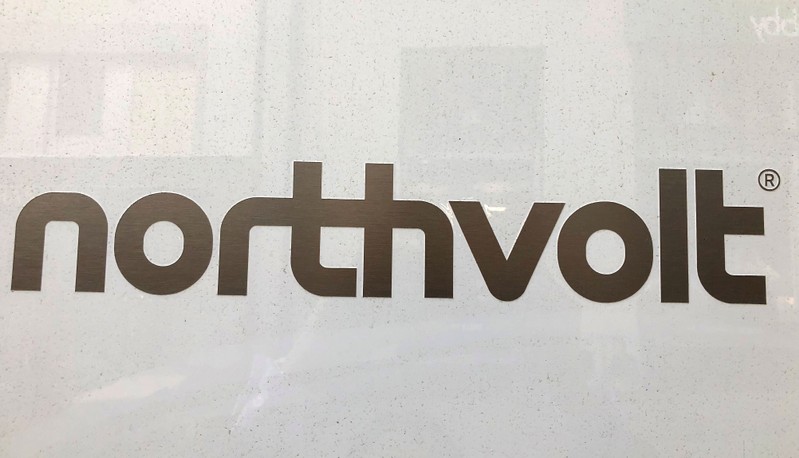 FILE PHOTO:  Northvolt logo is pictured in the Northvolt office in Stockholm