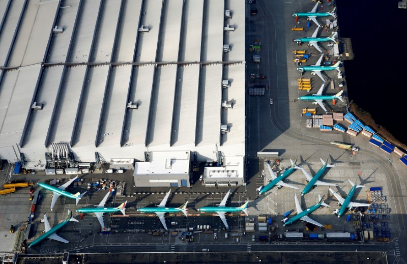 FILE PHOTO: An aerial photo shows Boeing 737 MAX airplanes parked on the tarmac at the Boeing