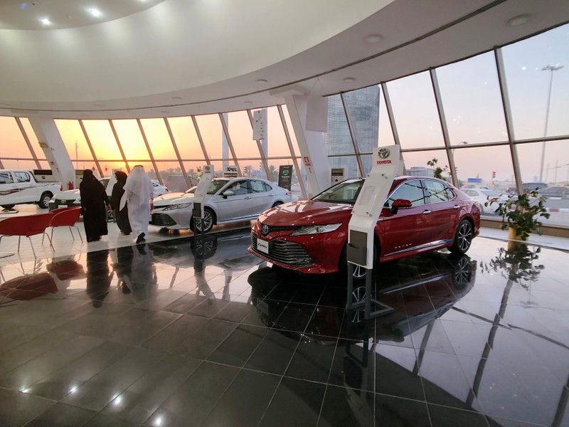 2019 Camry Hybrid is seen displayed for sale in Toyota dealer in Dhahran
