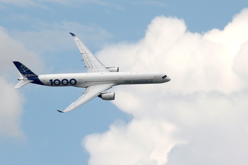 An Airbus A350-1000 performs at the 53rd International Paris Air Show at Le Bourget Airport