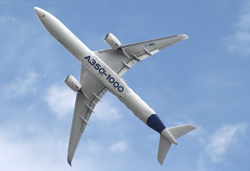 An Airbus A350-1000 performs at the 53rd International Paris Air Show at Le Bourget Airport