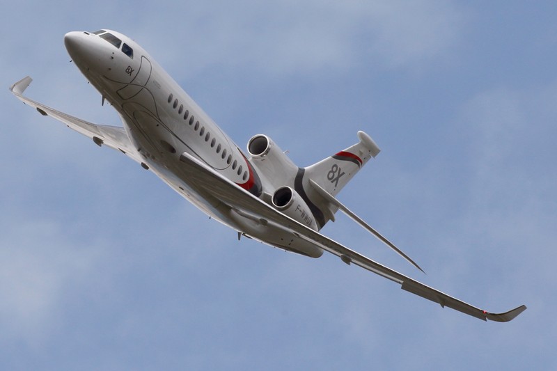 A Dassault Falcon 8X performs at the 53rd International Paris Air Show at Le Bourget Airport