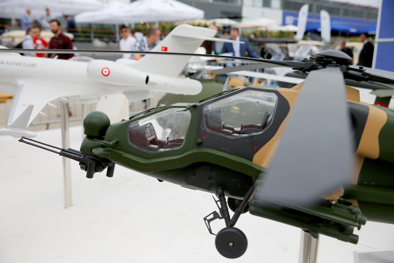A Turkish T129 ATAK replica is displayed at the 53rd International Paris Air Show at Le Bourget