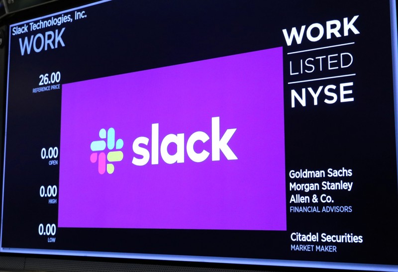 The Slack Technologies Inc. logo is seen on a display at New York Stock Exchange (NYSE) during