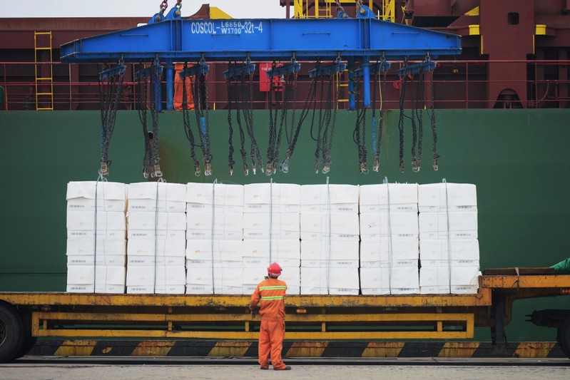 Worker looks at the crane unloading imported paper pulp from a cargo vessel at a port in