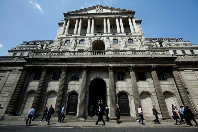 FILE PHOTO: Pedestrians walk past the Bank of England in the City of London