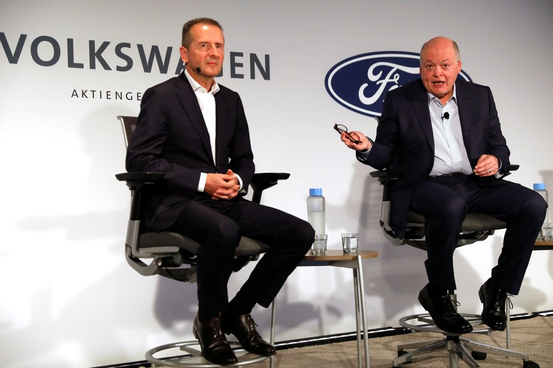 Ford President and CEO Jim Hackett and Volkswagen AG CEO Dr. Herbert Diess attend a news