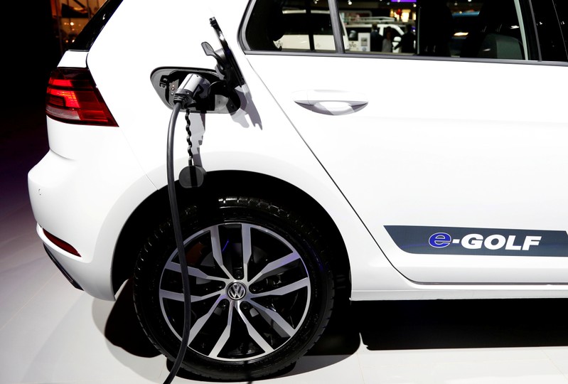 FILE PHOTO: A Volkswagen e-Golf electric car is pictured in Brussels, Belgium