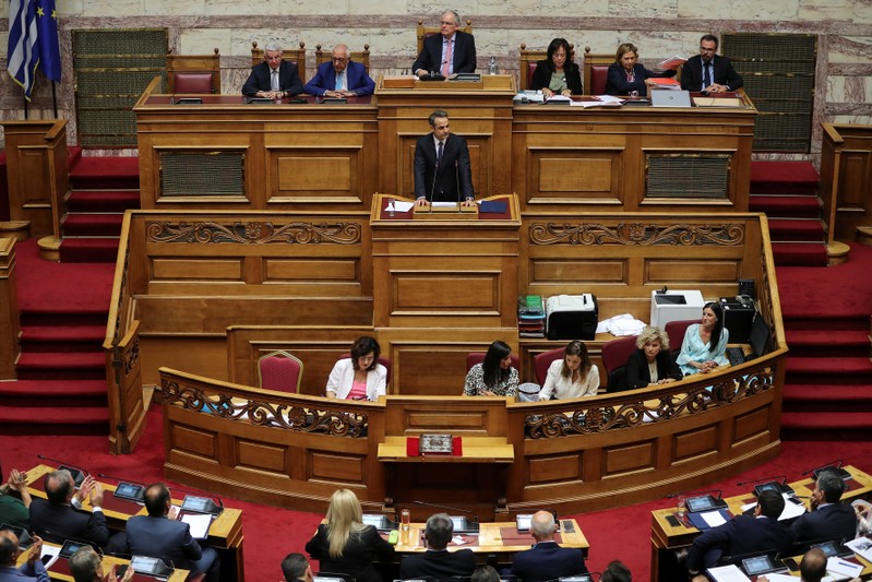 Greek PM Mitsotakis presents his government's main policies during a parliamentary session in