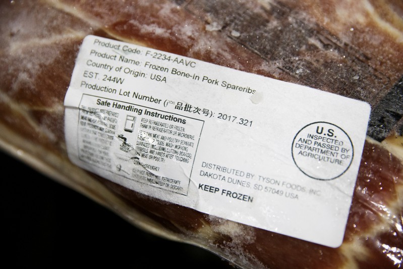 FILE PHOTO: A label shows the origin of frozen pork that was imported from the U.S. at the