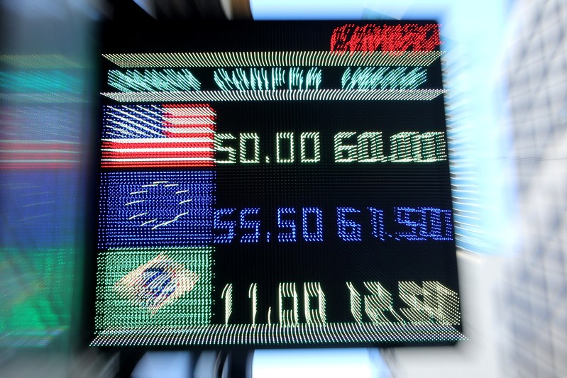 An electronic board shows currency exchange rates in Buenos Aires' financial district