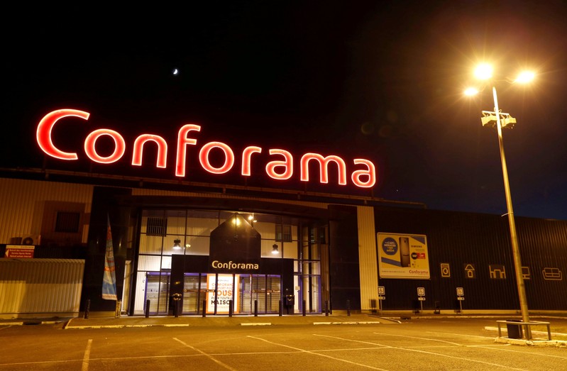 A logo is seen on the facade of a discount furniture retailer Conforama store in Bordeaux
