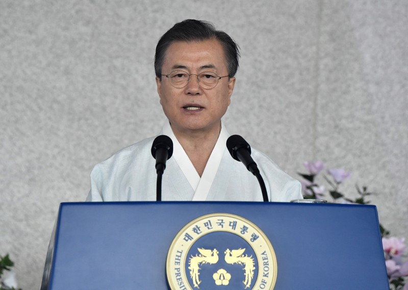 South Korean President Moon Jae-in delivers a speech during a ceremony to mark the 74th