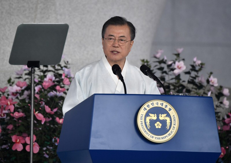 South Korean President Moon Jae-in delivers a speech during a ceremony to mark the 74th