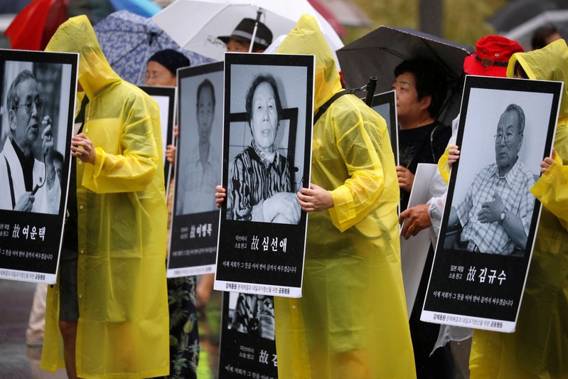 People march holding portraits of deceased victims of wartime forced labor during the Japanese