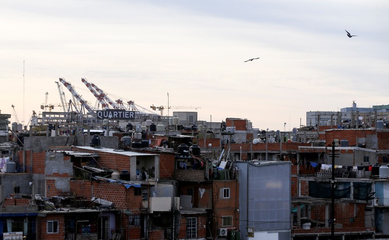 Birds fly over the Villa 31 slum, in Buenos Aires