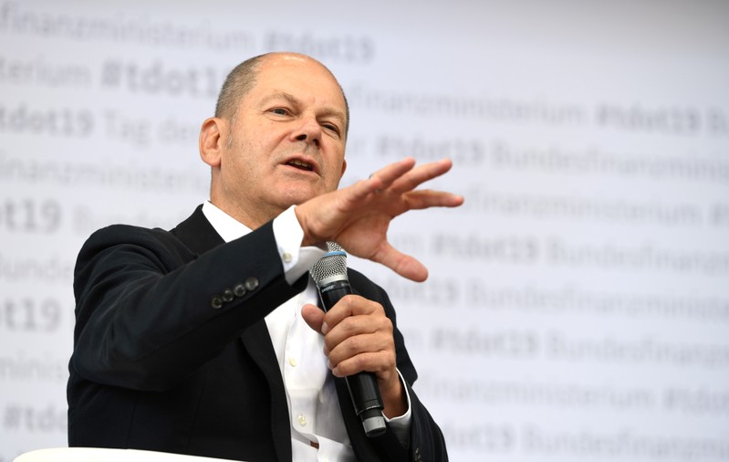 FILE PHOTO: German Vice Chancellor and Finance Minister Olaf Scholz speaks at his ministry in