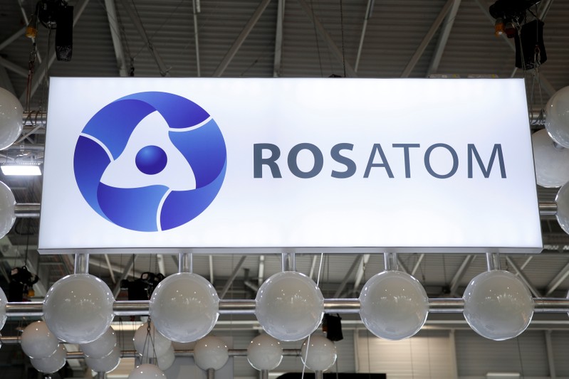 The logo of Rosatom Corp. is pictured at the World Nuclear Exhibition (WNE), the trade fair