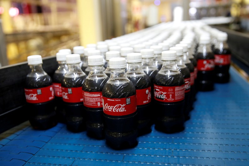 Plastic Coca Cola bottles on the production line at a Coca Cola factory in Nairobi