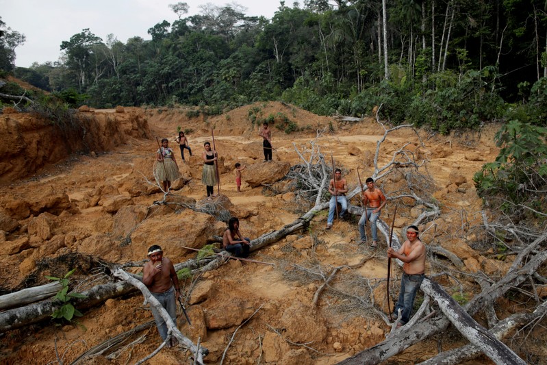 FILE PHOTO: Indigenous people from the Mura tribe shows a deforested area in unmarked