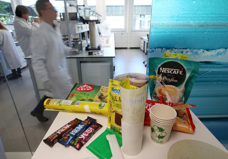 Packagings are pictured during a media visit for the inauguration of the Nestle Institute of