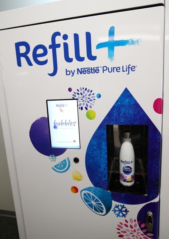 A prototype of a refill machine for Nestle Pure Life water is pictured during a media visit for