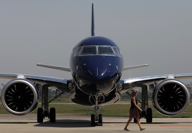 E2-195 plane with Brazil's No. 3 airline Azul SA logo is seen during a launch event in Sao Jose