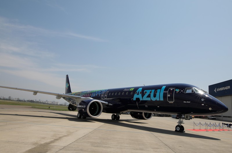 E2-195 plane with Brazil's No. 3 airline Azul SA logo is seen during a launch event in Sao Jose