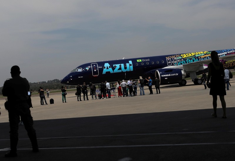 E2-195 plane with Brazil's No. 3 airline Azul SA logo is seen during a launch event in Sao Jose