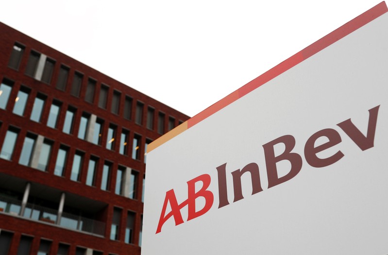 The logo of AB InBev is pictured outside the brewer's headquarters in Leuven