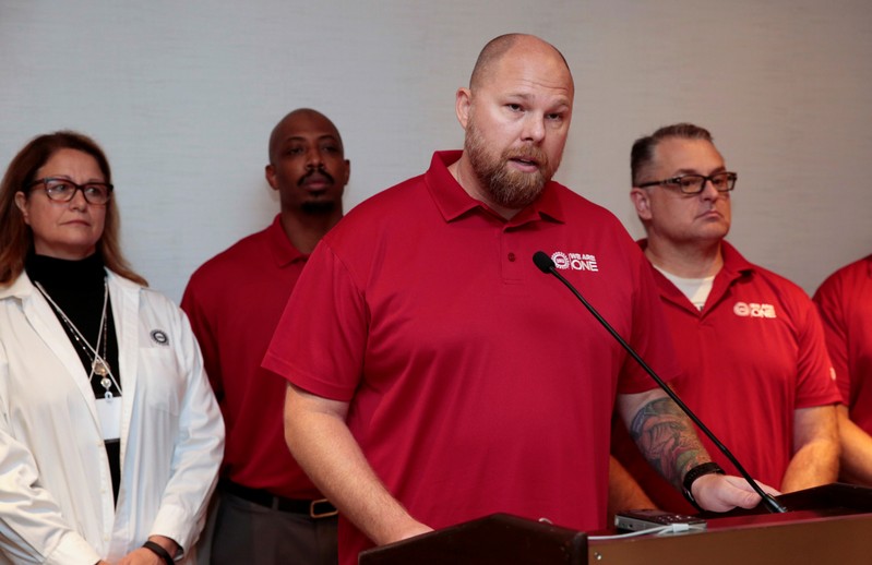 United Auto Workers (UAW) National Bargaining Committee Chair Ted Krumm addresses the media