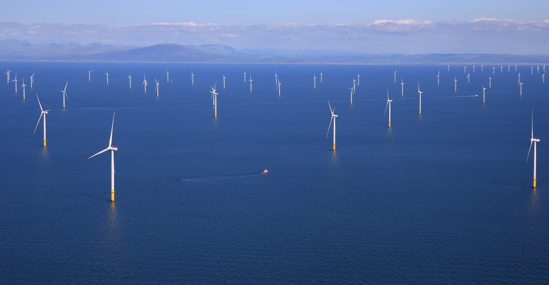 FILE PHOTO: General view of the Walney Extension offshore wind farm operated by Orsted off the