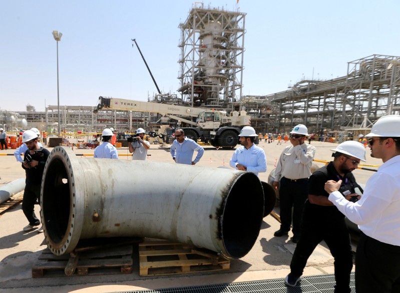 A damaged pipeline is seen at Saudi Aramco oil facility in Khurais
