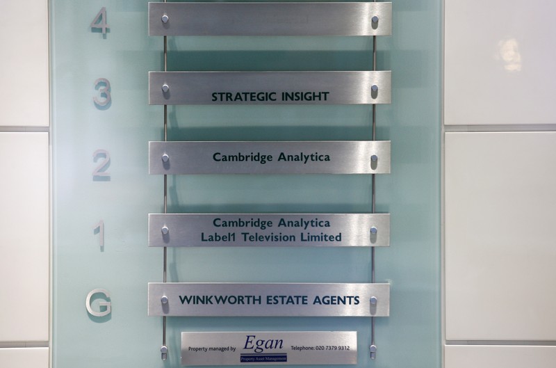 Labels indicate the location of the offices of Cambridge Analytica in central London