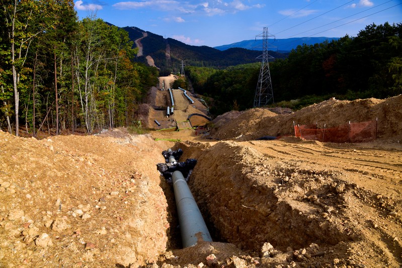 Lengths of pipe placed the ground along the under-construction Mountain Valley Pipeline near
